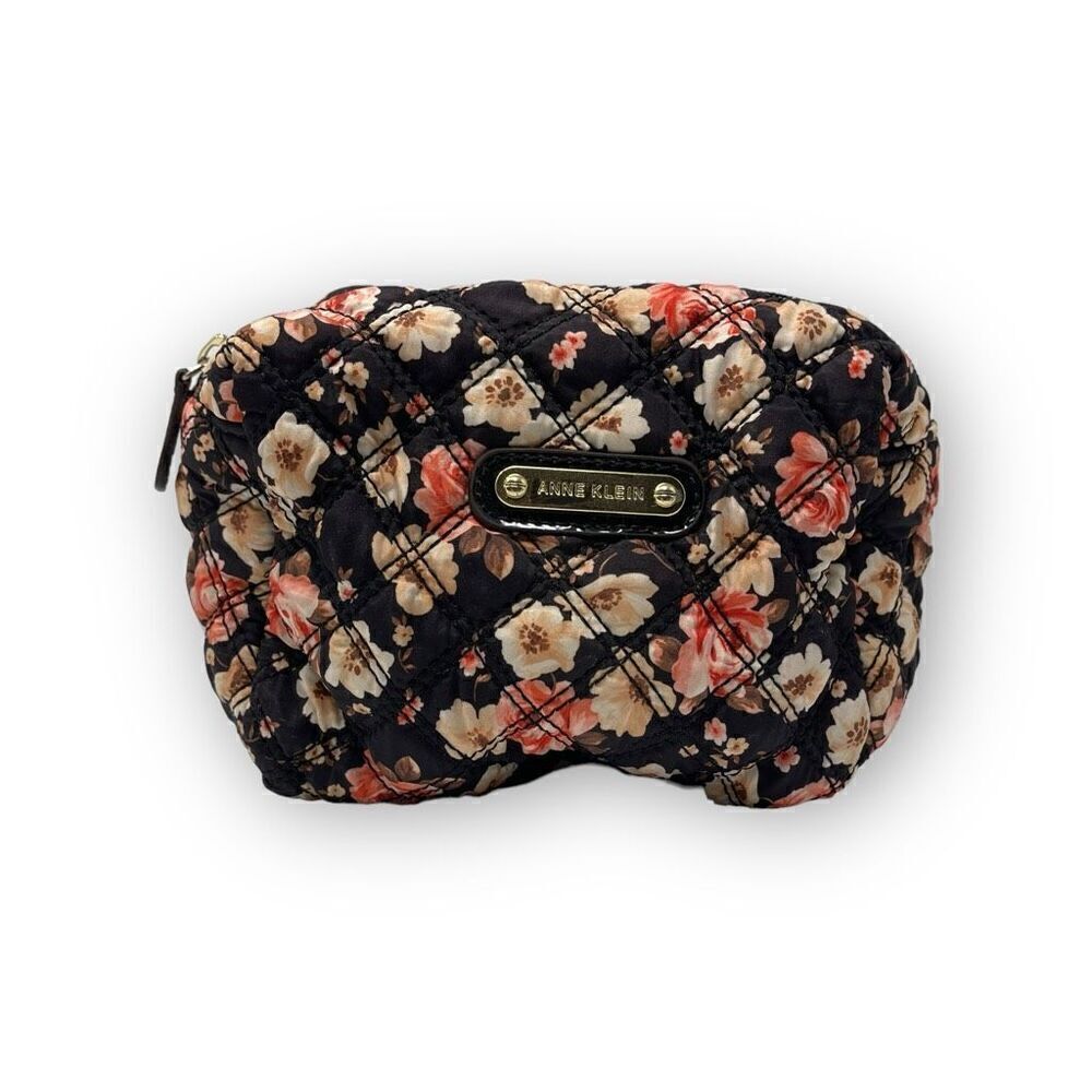 Anne Klein Quilted Floral Fabric Travel Zippered Cosmetic Bag Black Pink